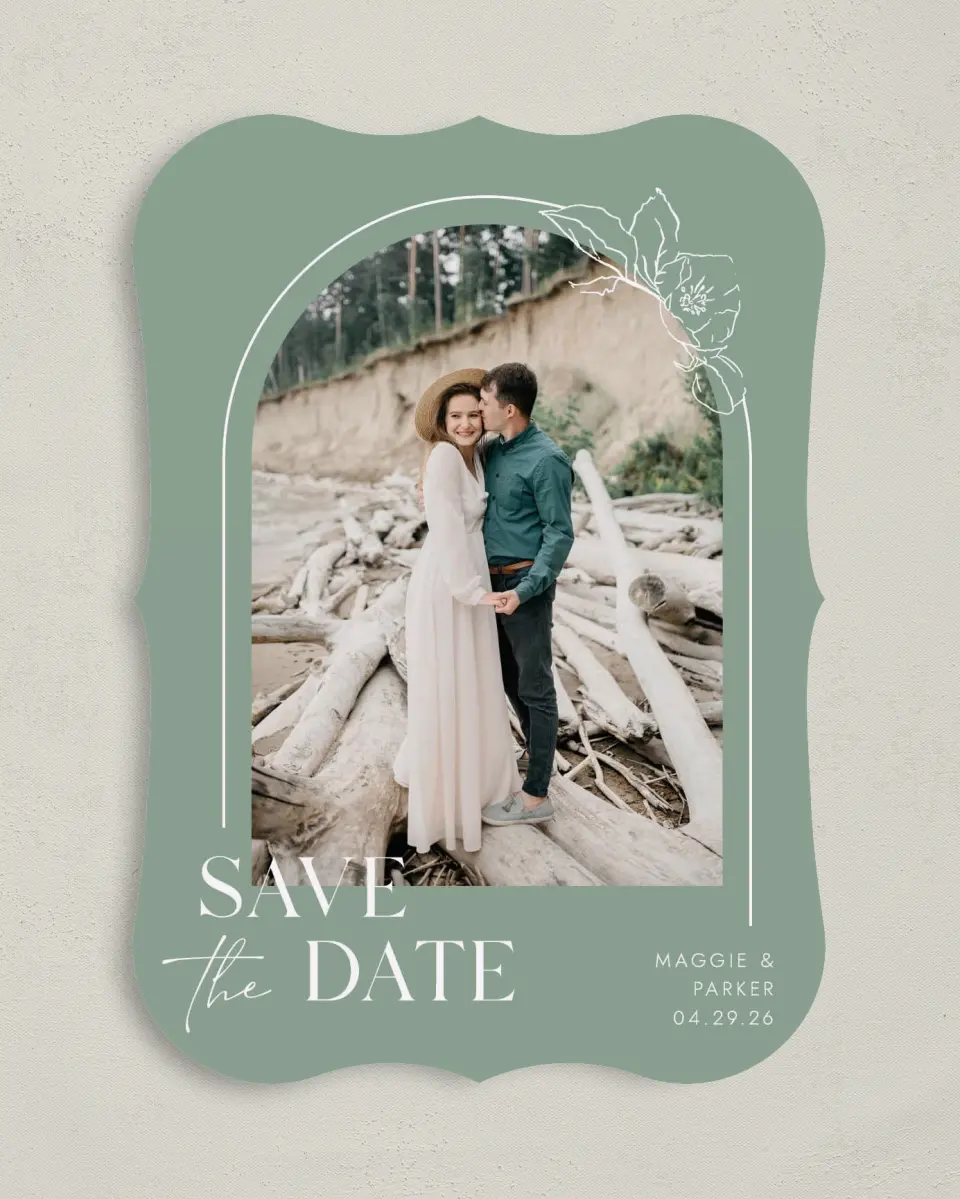 This is a 5" x 7" Save the Date Card called Blossoming Arch printed in full color on Premium Smooth paper