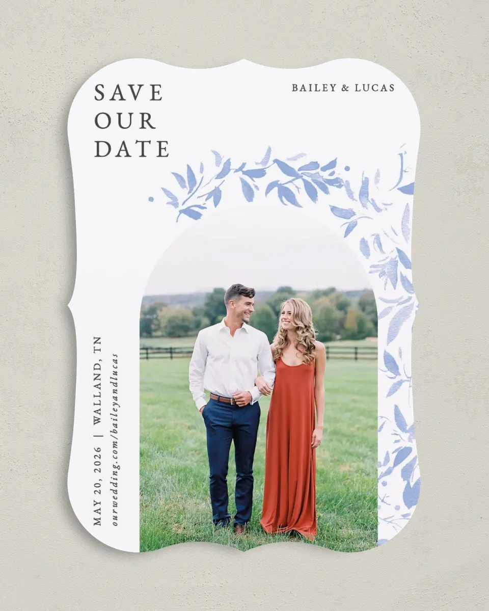 This is a 5" x 7" Save the Date Card called Soft Botanics printed in full color on Premium Smooth paper