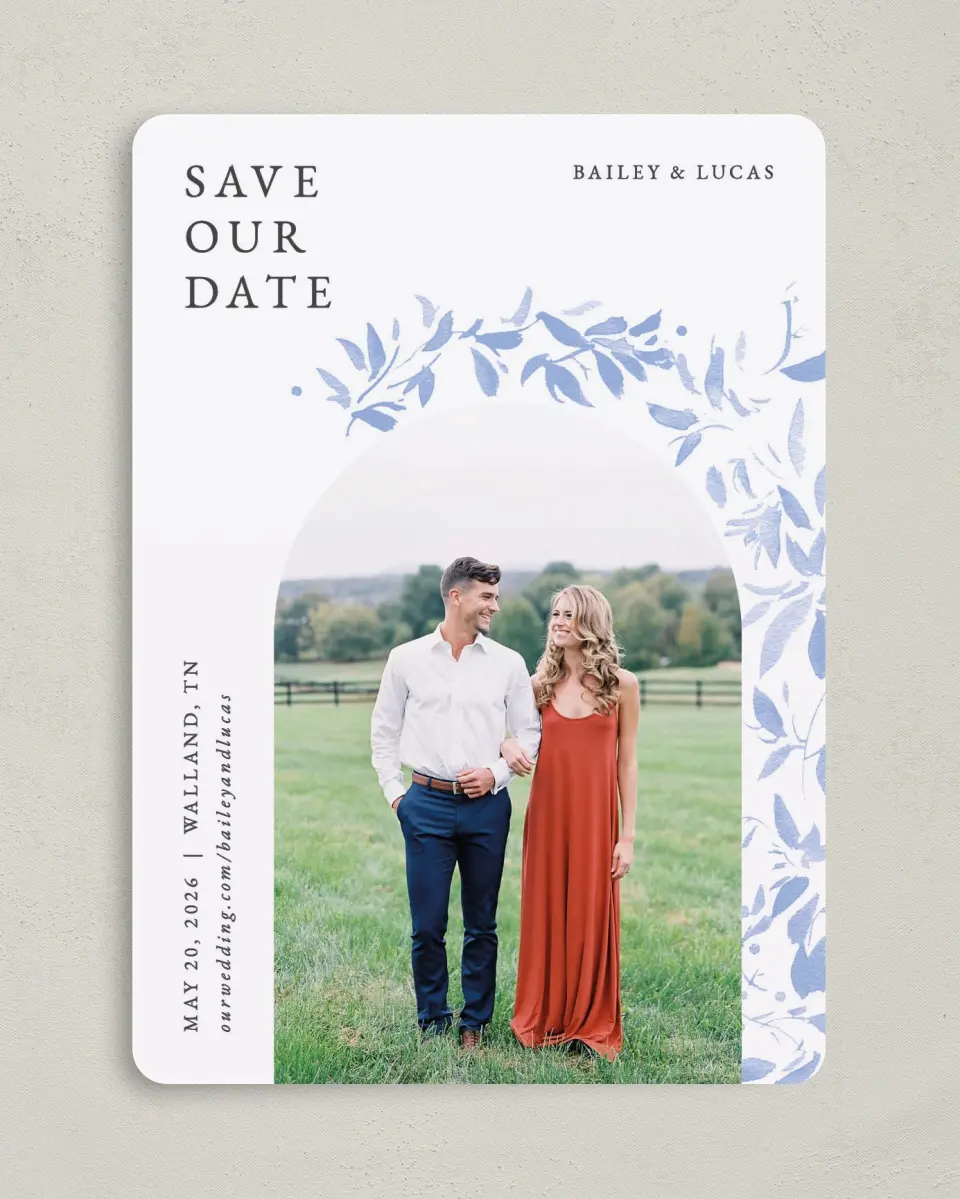 This is a 5" x 7" Save the Date Card called Soft Botanics printed in full color on Premium Smooth paper