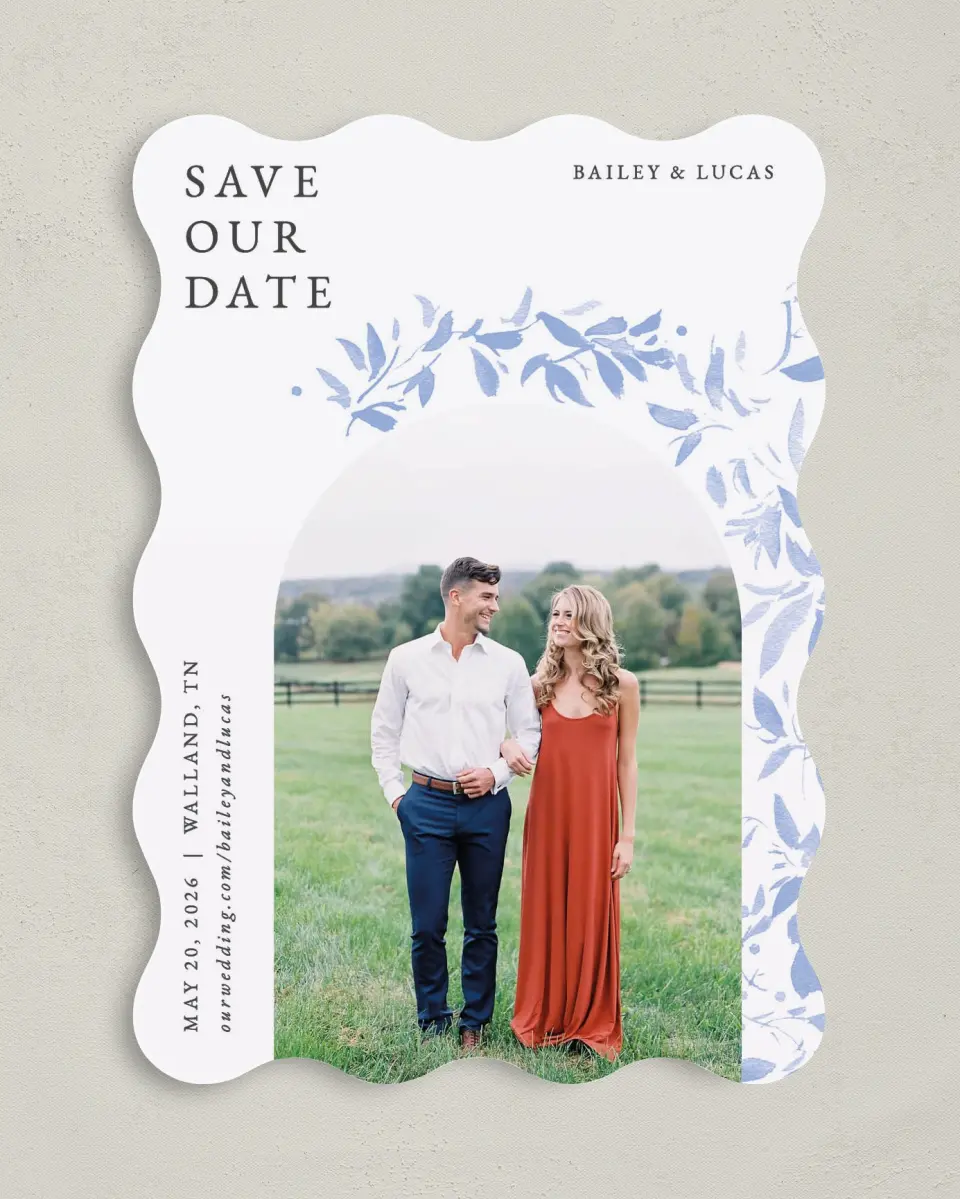 This is a 5" x 7" Save the Date Card called Soft Botanics printed in full color on Premium Smooth paper