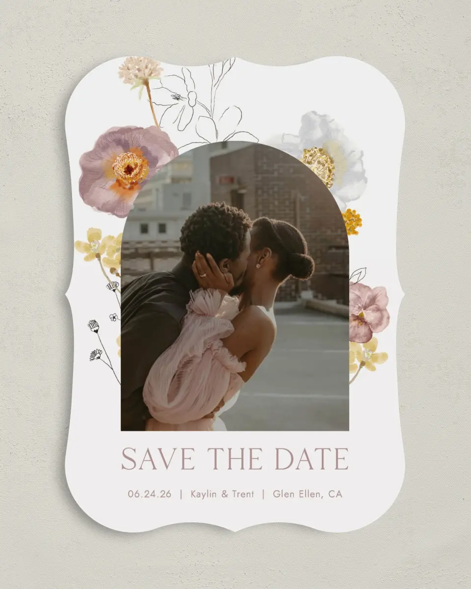 This is a 5" x 7" Save the Date Card called Enchanting Wildflowers printed in full color on Premium Smooth paper