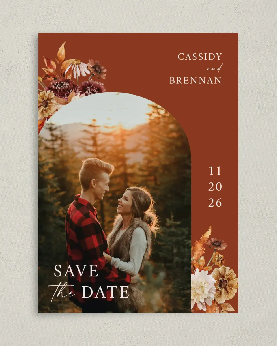 This is a 5" x 7" Save the Date Card called Autumn Florals printed in full color on Premium Smooth paper