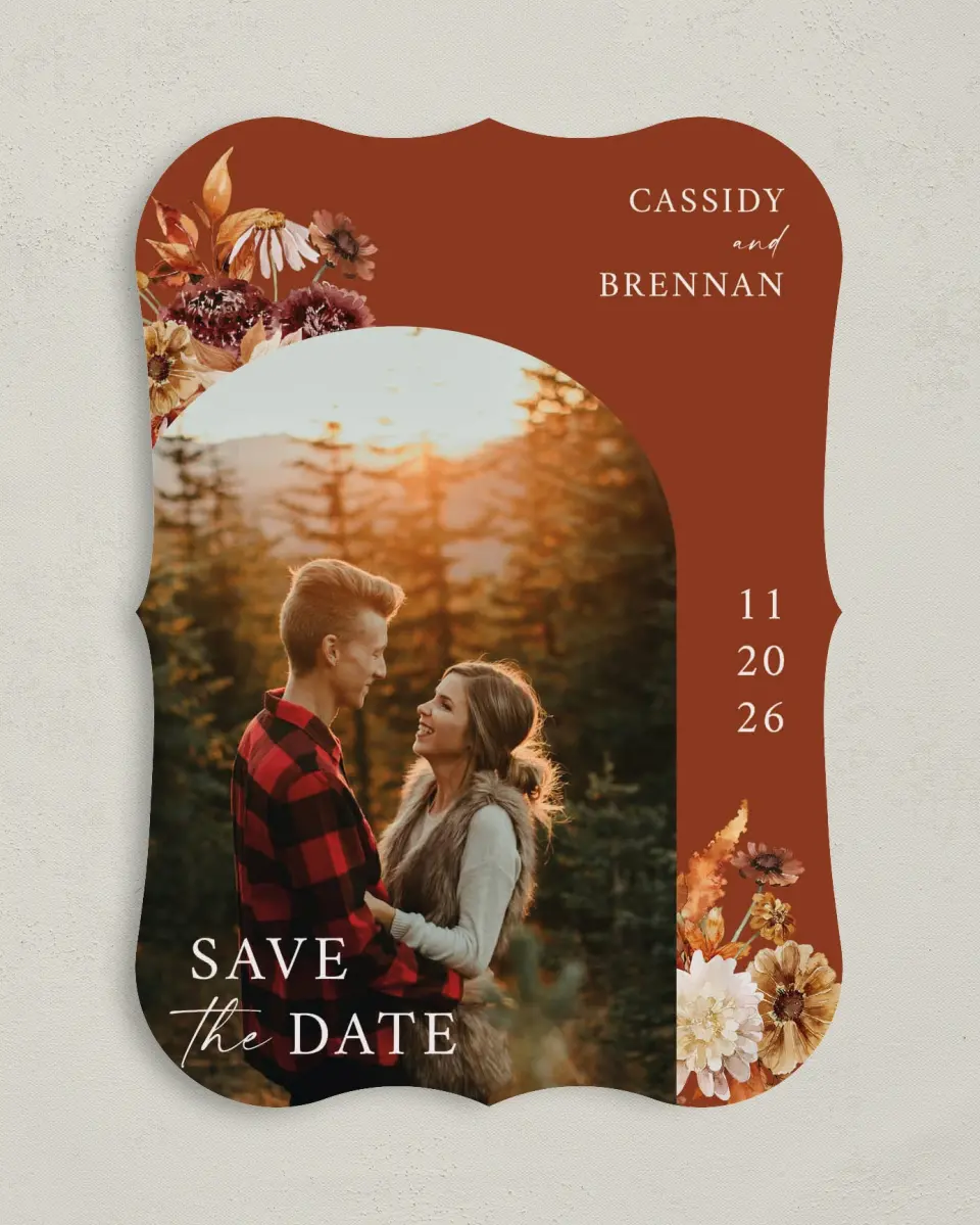 This is a 5" x 7" Save the Date Card called Autumn Florals printed in full color on Premium Smooth paper