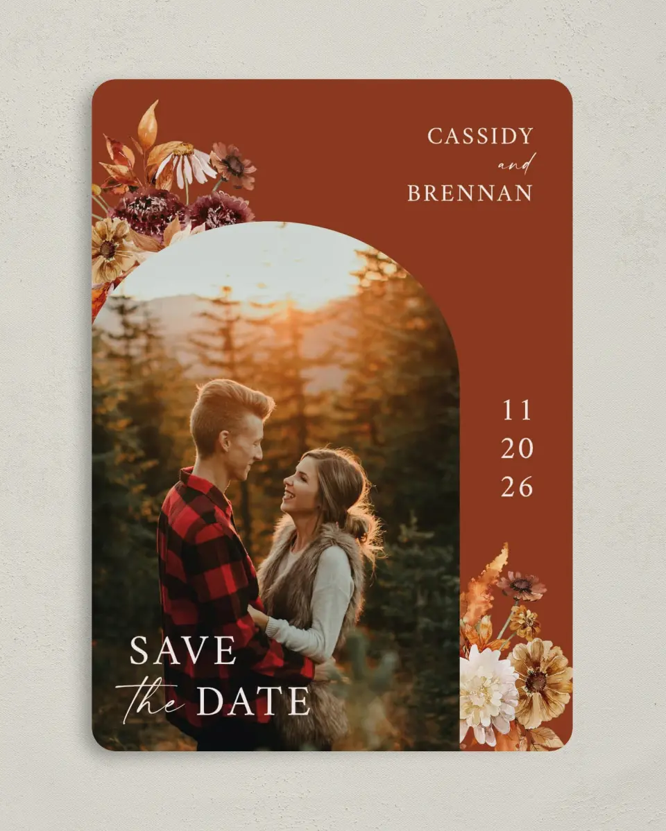 This is a 5" x 7" Save the Date Card called Autumn Florals printed in full color on Premium Smooth paper