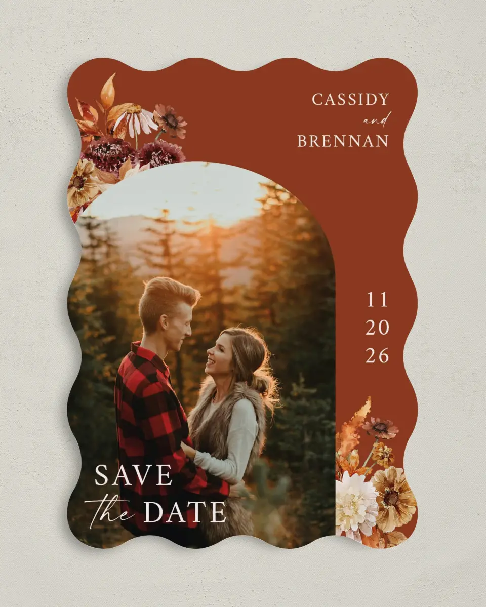 This is a 5" x 7" Save the Date Card called Autumn Florals printed in full color on Premium Smooth paper
