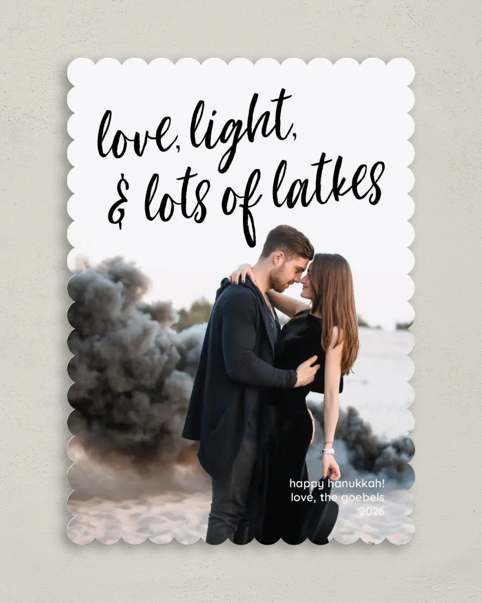 This is a 5" x 7" Hanukkah Card called Love, Light & Latkes printed in full color on Premium Smooth paper