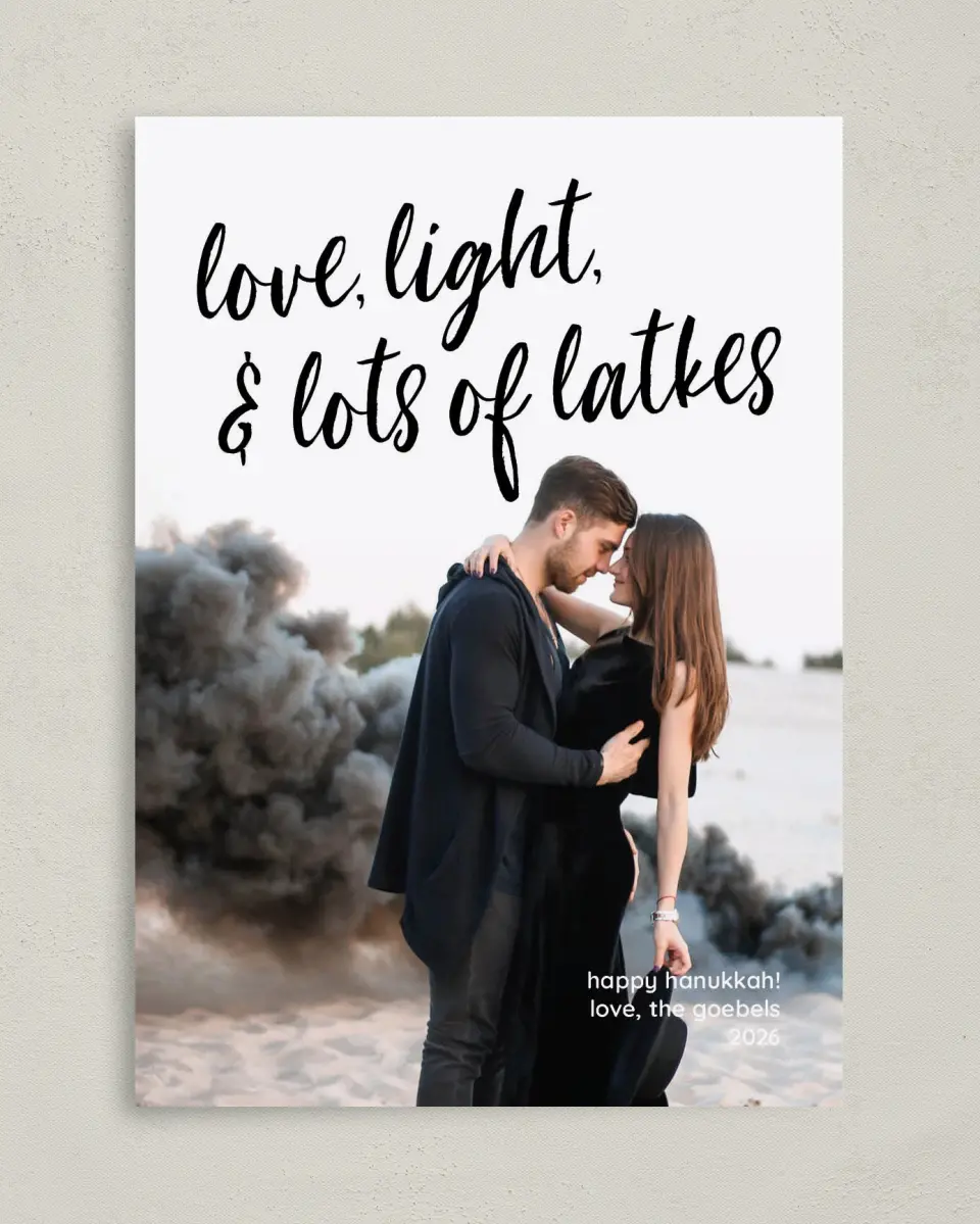 This is a 5" x 7" Hanukkah Card called Love, Light & Latkes printed in full color on Premium Smooth paper