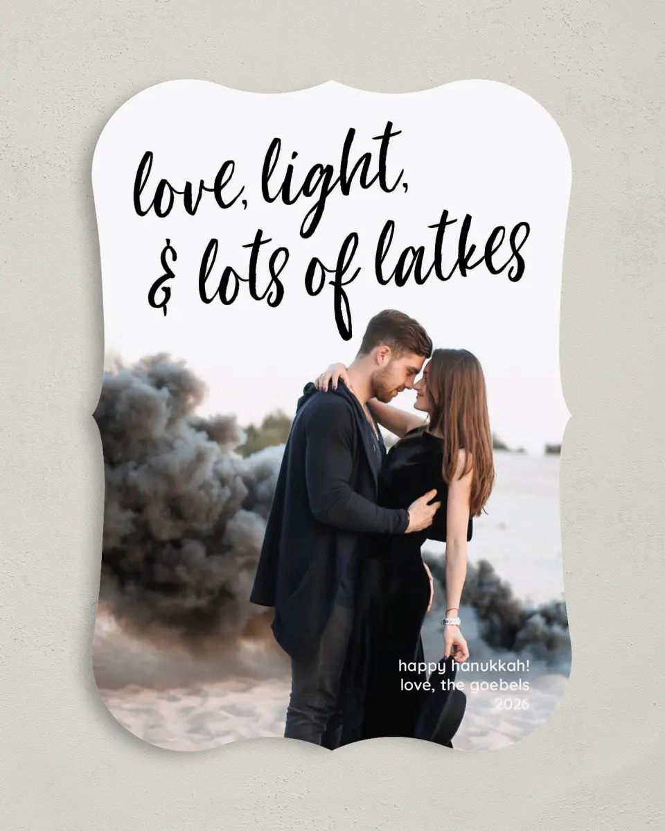 This is a 5" x 7" Hanukkah Card called Love, Light & Latkes printed in full color on Premium Smooth paper