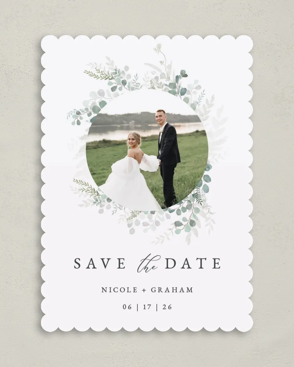 This is a 5" x 7" Save the Date Card called Elegant Greenery printed in full color on Premium Smooth paper