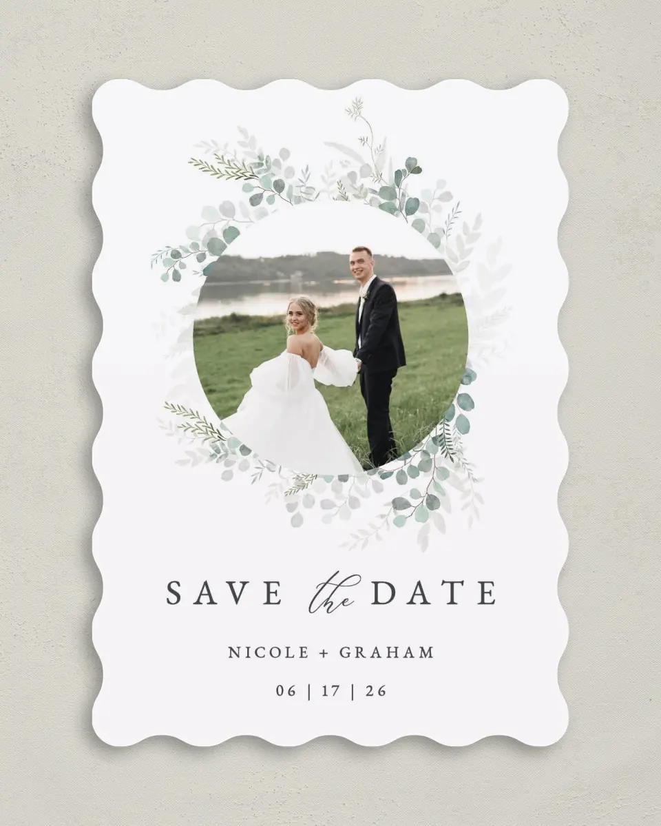 This is a 5" x 7" Save the Date Card called Elegant Greenery printed in full color on Premium Smooth paper