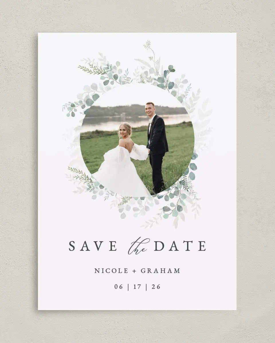 This is a 5" x 7" Save the Date Card called Elegant Greenery printed in full color on Premium Smooth paper