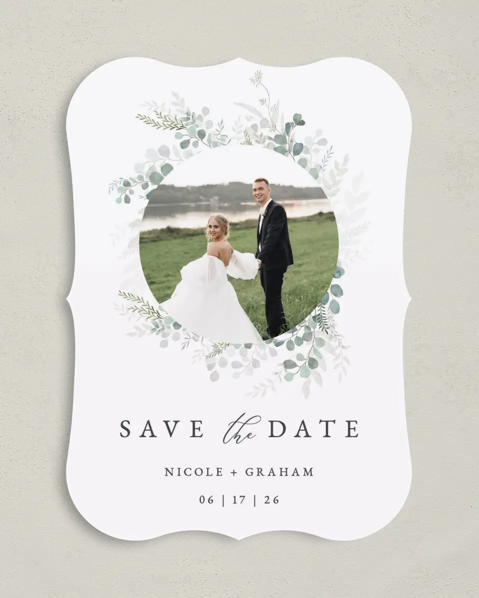 This is a 5" x 7" Save the Date Card called Elegant Greenery printed in full color on Premium Smooth paper