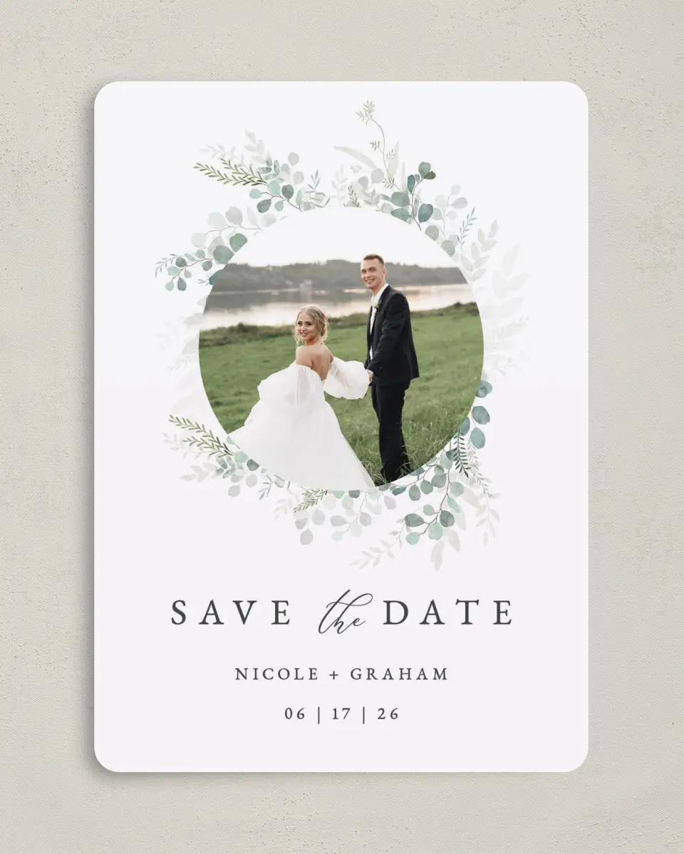 This is a 5" x 7" Save the Date Card called Elegant Greenery printed in full color on Premium Smooth paper