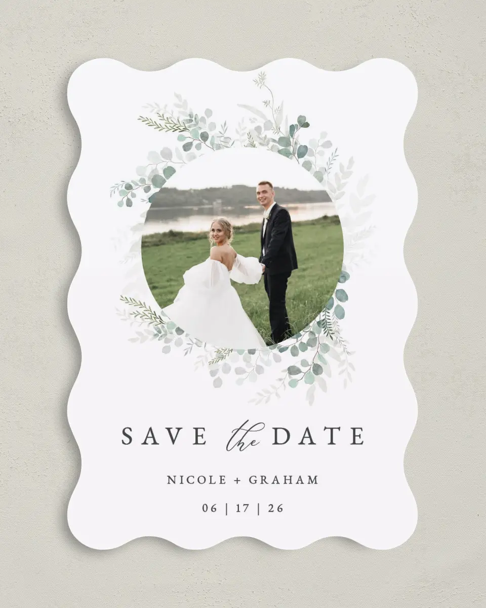 This is a 5" x 7" Save the Date Card called Elegant Greenery printed in full color on Premium Smooth paper