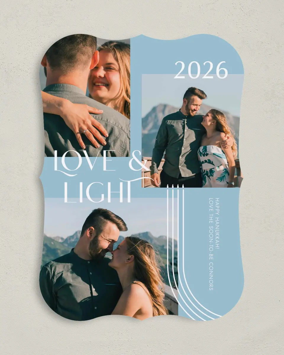 This is a 5" x 7" Hanukkah Card called Candlelight printed in full color with Silver foil on Luxe Satin (coated) paper