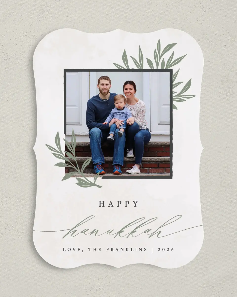 This is a 5" x 7" Hanukkah Card called Sprigs & Shalom printed in full color on Premium Smooth paper