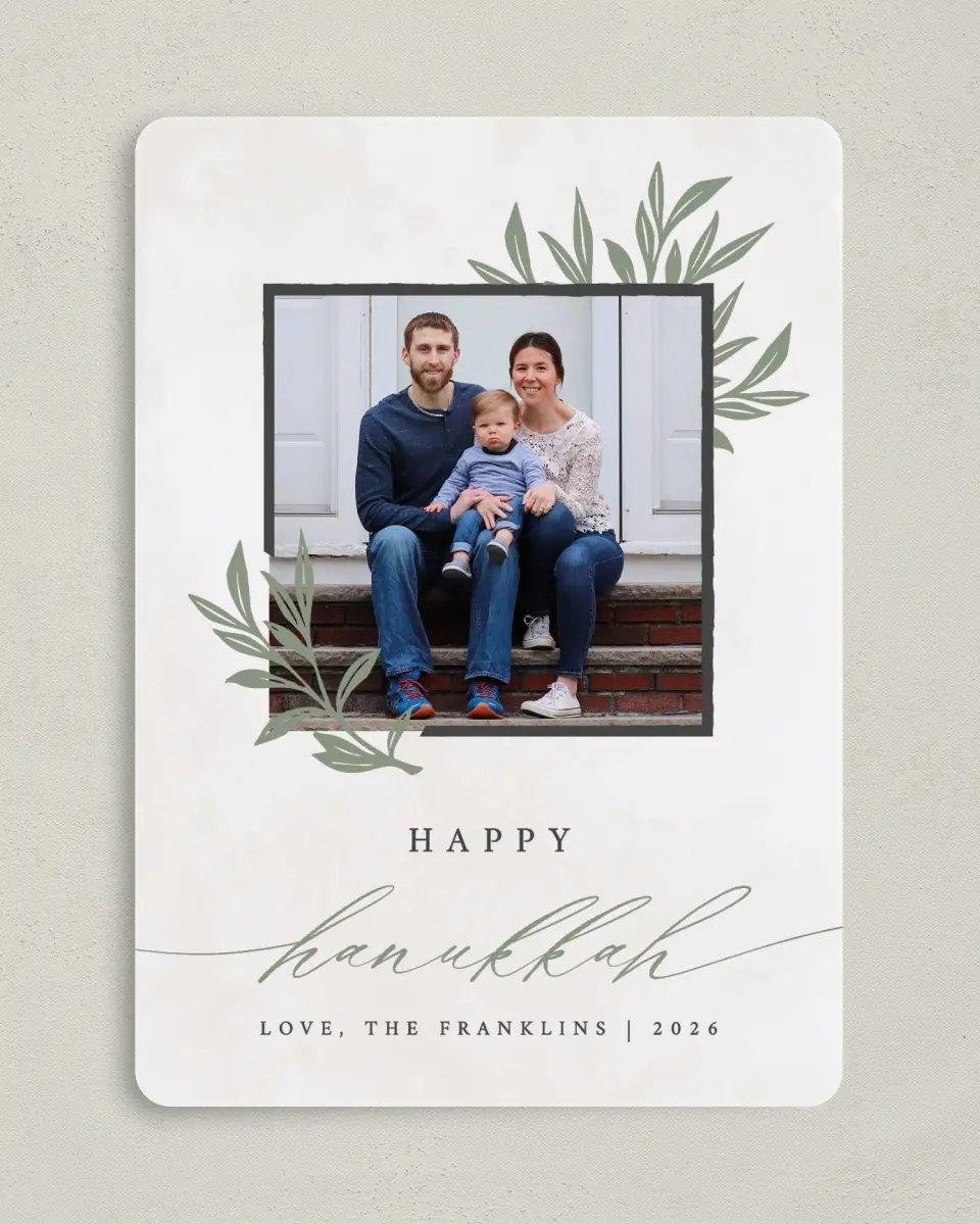 This is a 5" x 7" Hanukkah Card called Sprigs & Shalom printed in full color on Premium Smooth paper