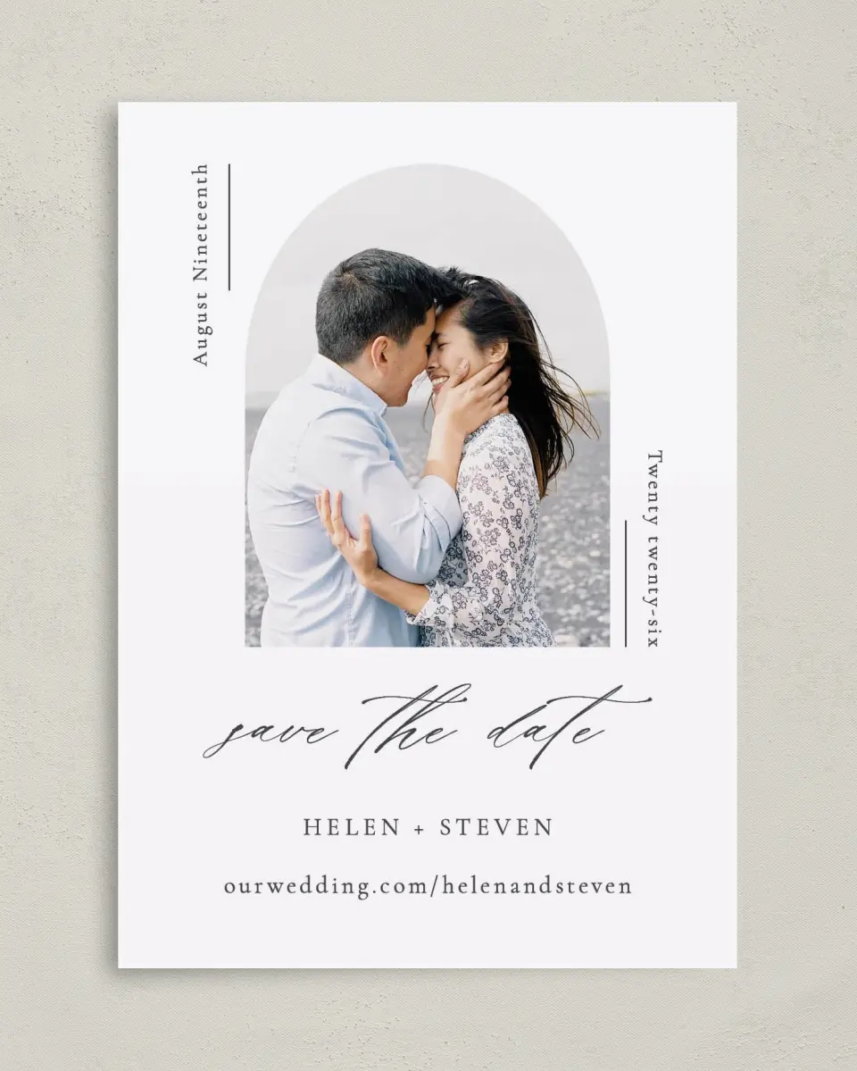 This is a 5" x 7" Save the Date Card called Quiet Scene printed in full color on Premium Smooth paper
