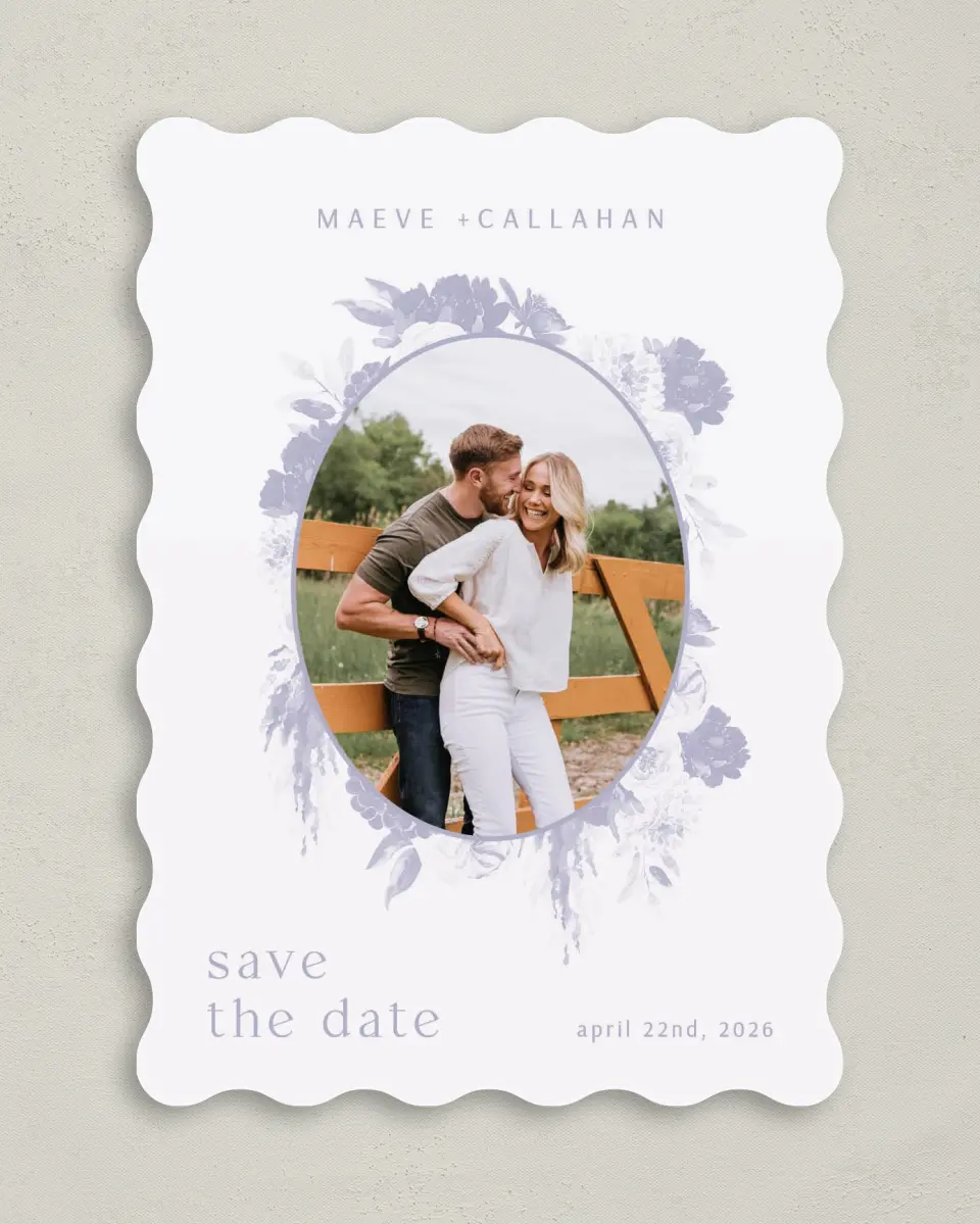 This is a 5" x 7" Save the Date Card called Sweet Botanical printed in full color on Premium Smooth paper
