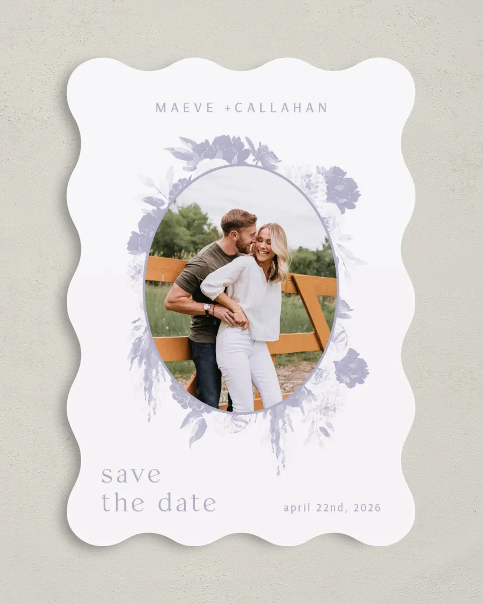 This is a 5" x 7" Save the Date Card called Sweet Botanical printed in full color on Premium Smooth paper
