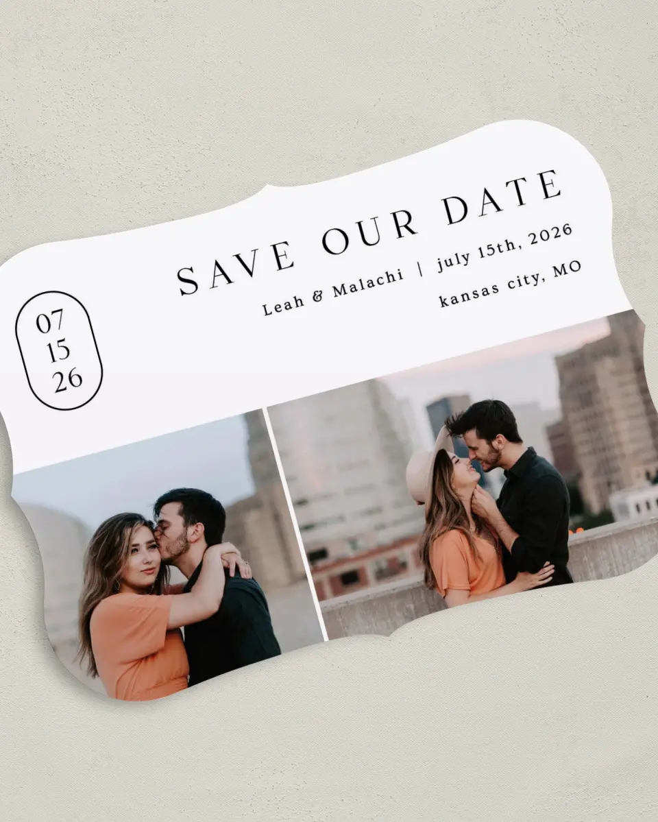 This is a 5" x 7" Save the Date Card called Precise Promise printed in full color on Premium Smooth paper