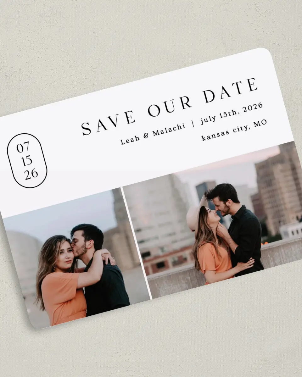 This is a 5" x 7" Save the Date Card called Precise Promise printed in full color on Premium Smooth paper