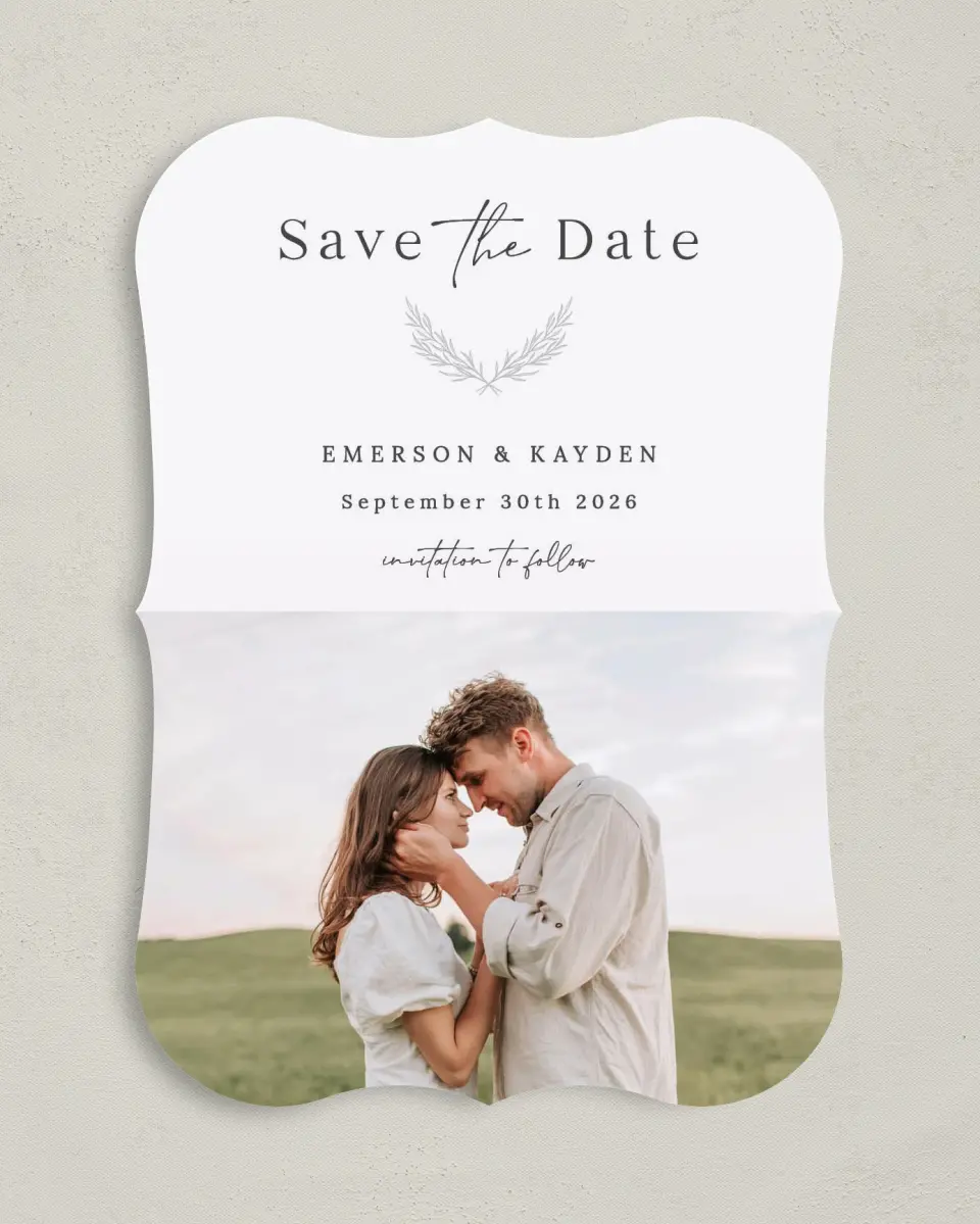 This is a 5" x 7" Save the Date Card called Soft Sprig printed in full color on Premium Smooth paper