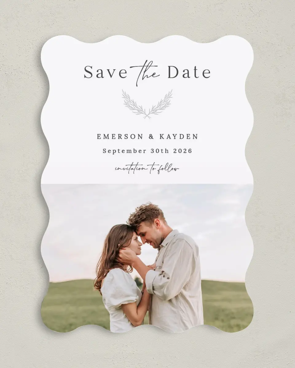 This is a 5" x 7" Save the Date Card called Soft Sprig printed in full color on Premium Smooth paper