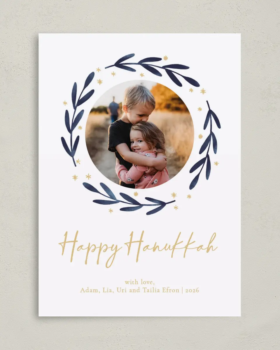 This is a 5" x 7" Hanukkah Card called Peaceful Wreath printed in full color with Silver foil on Luxe Satin (coated) paper