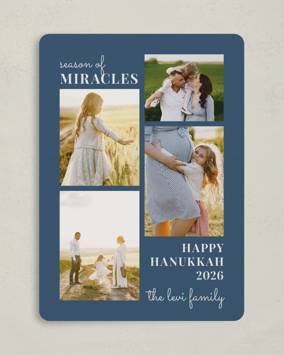 This is a 5" x 7" Hanukkah Card called Loving Light printed in full color with Silver foil on Luxe Satin (coated) paper