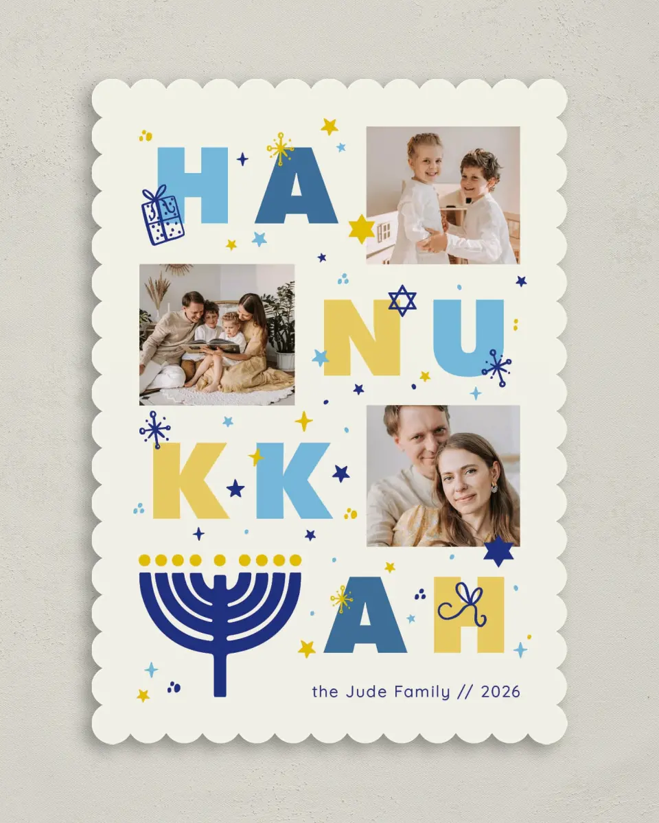This is a 5" x 7" Hanukkah Card called Happy Menorah printed in full color on Premium Smooth paper