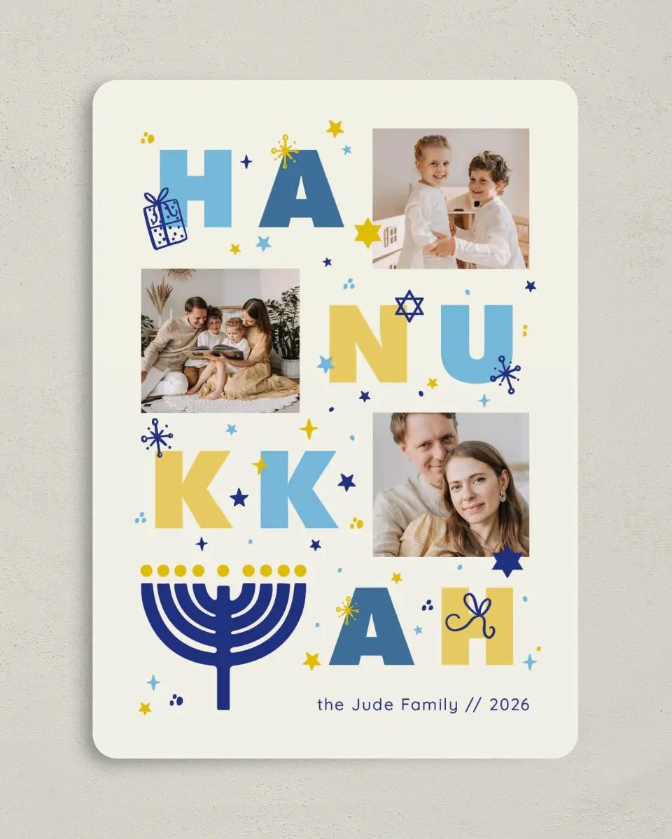 This is a 5" x 7" Hanukkah Card called Happy Menorah printed in full color with Gold foil on Luxe Satin (coated) paper