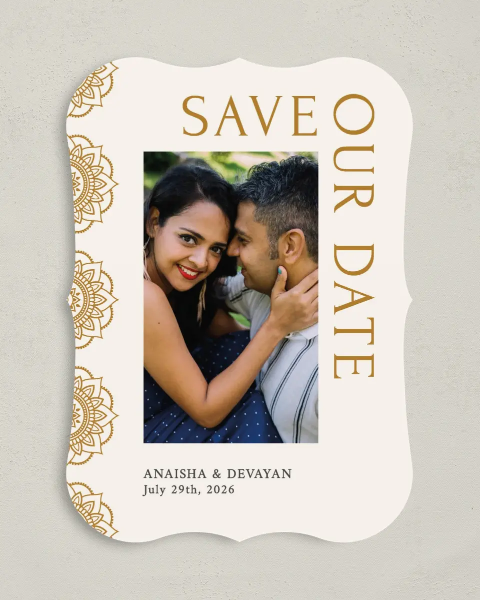 This is a 5" x 7" Save the Date Card called Indian Mandala printed in full color on Premium Smooth paper