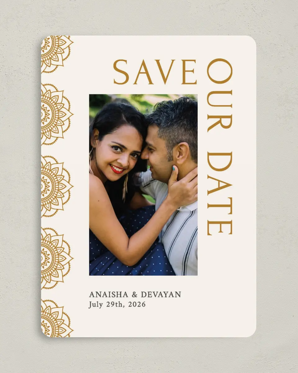 This is a 5" x 7" Save the Date Card called Indian Mandala printed in full color on Premium Smooth paper