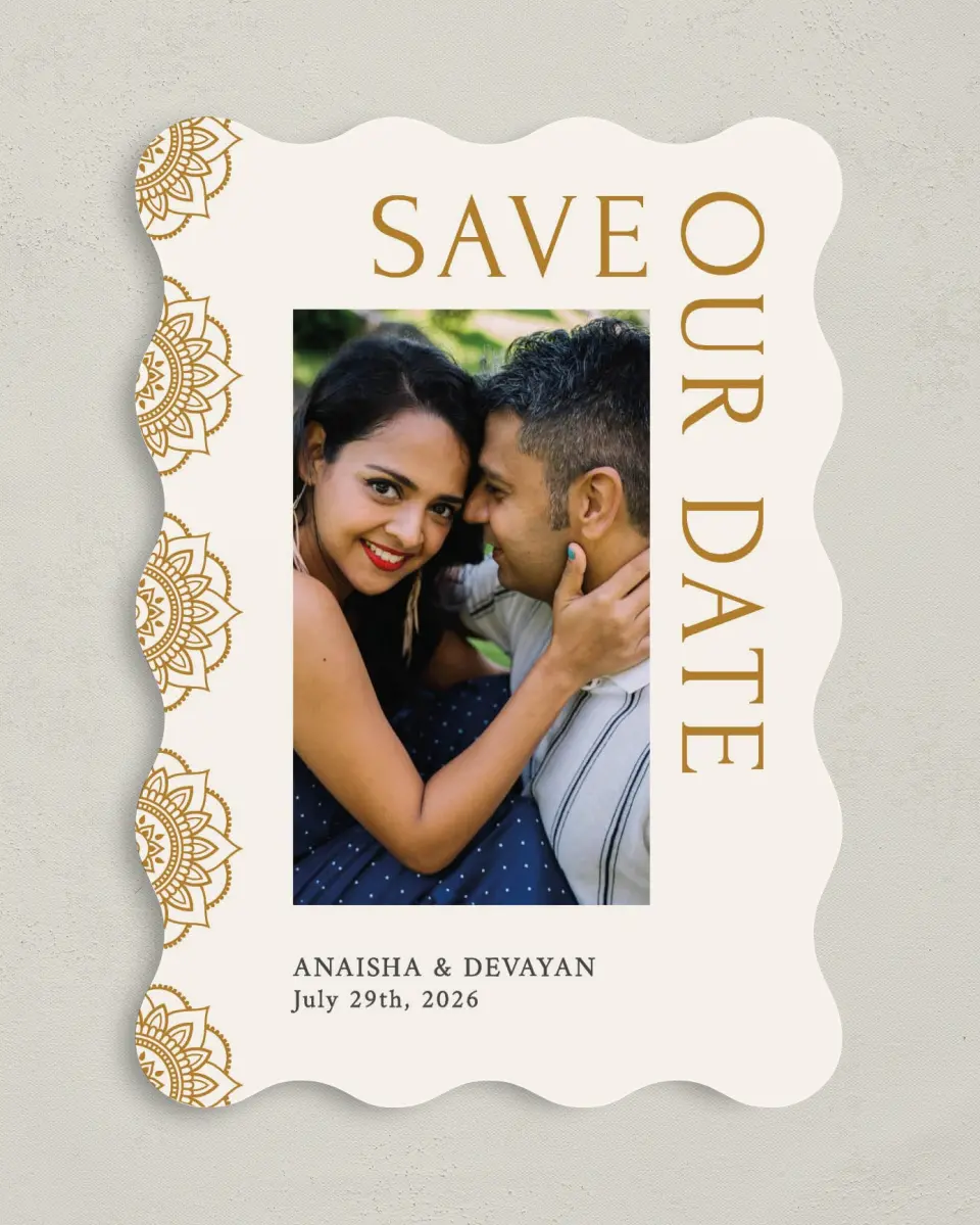 This is a 5" x 7" Save the Date Card called Indian Mandala printed in full color on Premium Smooth paper