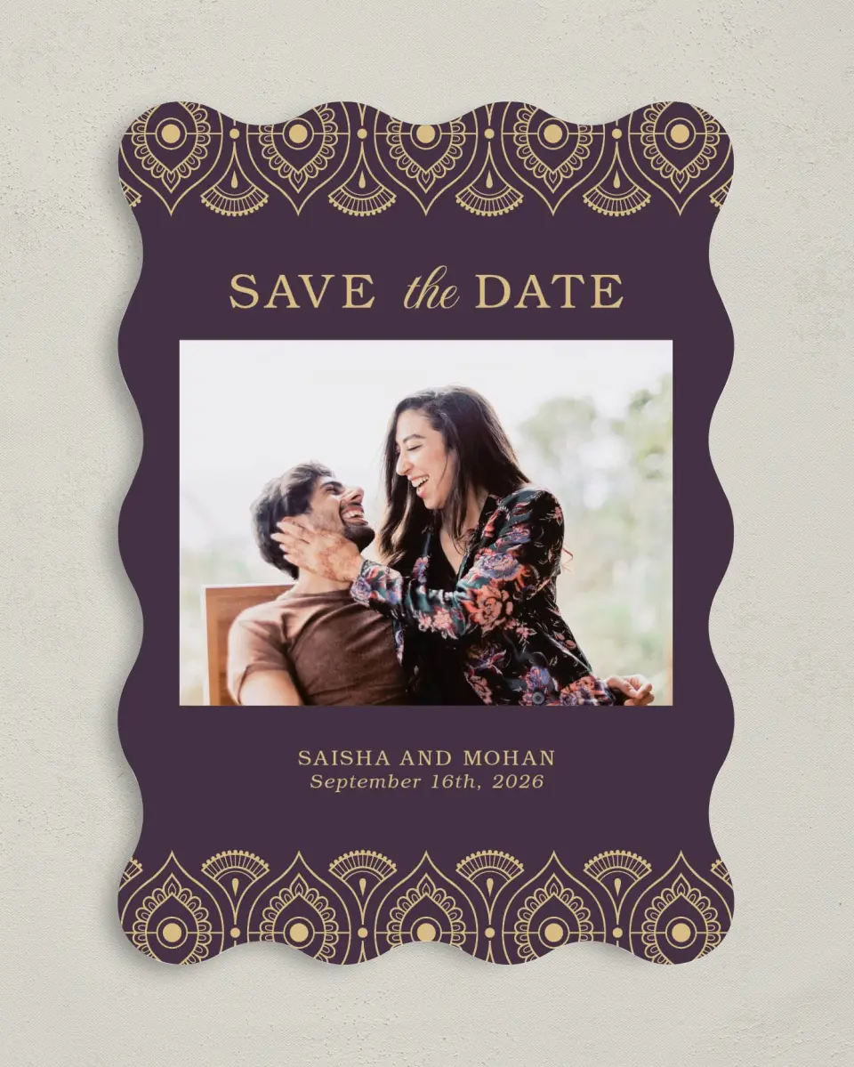 This is a 5" x 7" Save the Date Card called Royal Pattern printed in full color on Premium Smooth paper