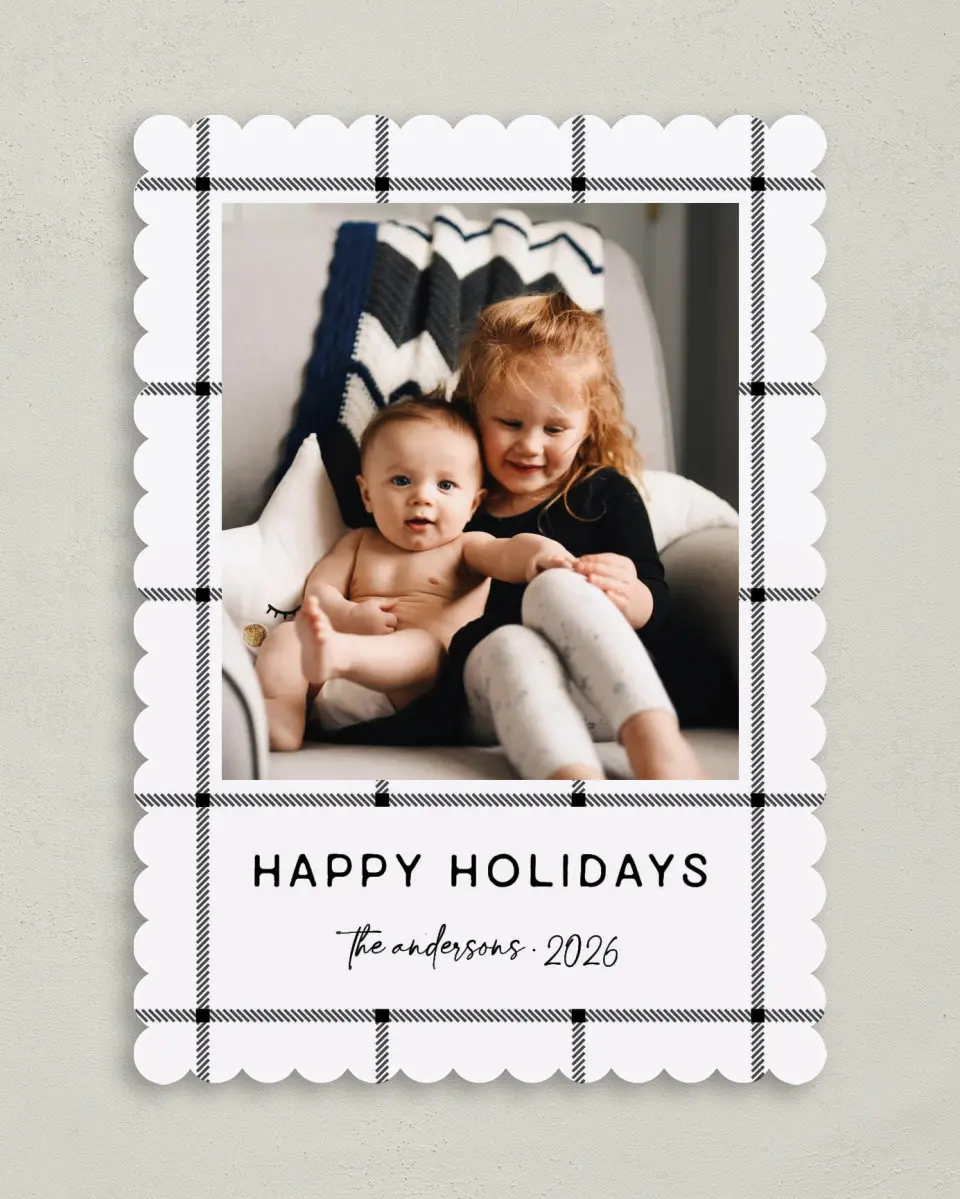 This is a 5" x 7" Christmas Card called Farmhouse Plaid printed in full color on Premium Smooth paper on Premium Smooth paper on Premium Smooth paper