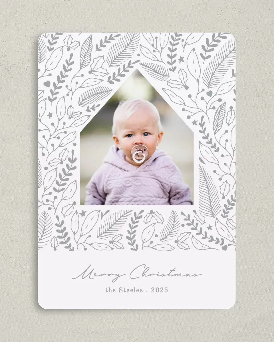 This is a 5" x 7" Christmas Card called Holiday House printed in full color with Rose Gold foil on Soft Suede (coated) paper