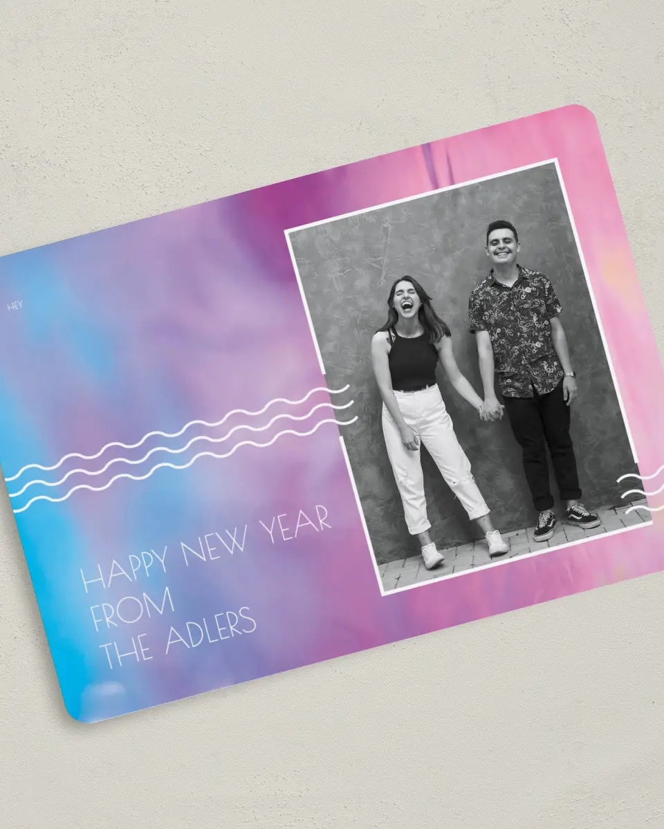 This is a 5" x 7" Christmas Card called Modern Wave printed in full color with Gold foil on Soft Suede (coated) paper