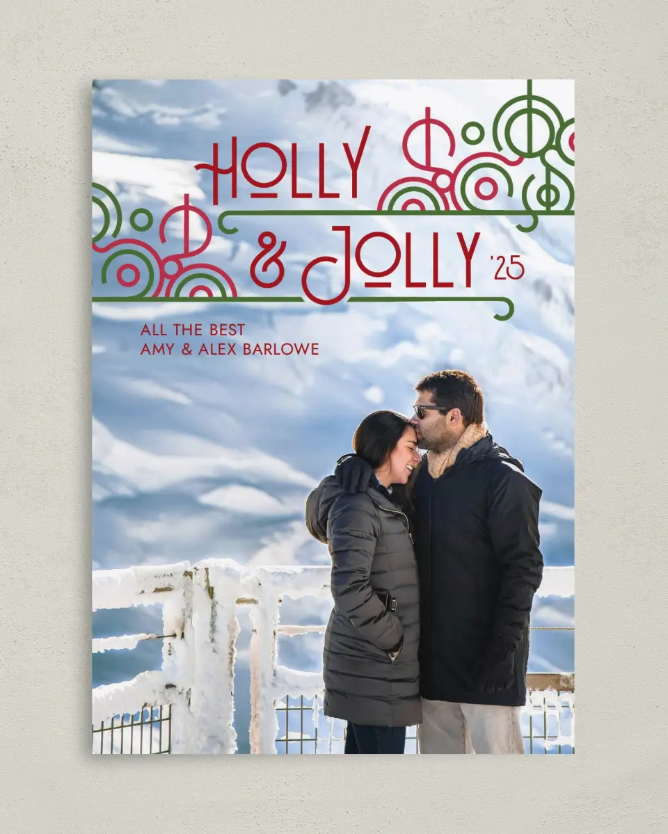 This is a 5" x 7" Christmas Card called Holly & Jolly printed in full color on Premium Smooth paper