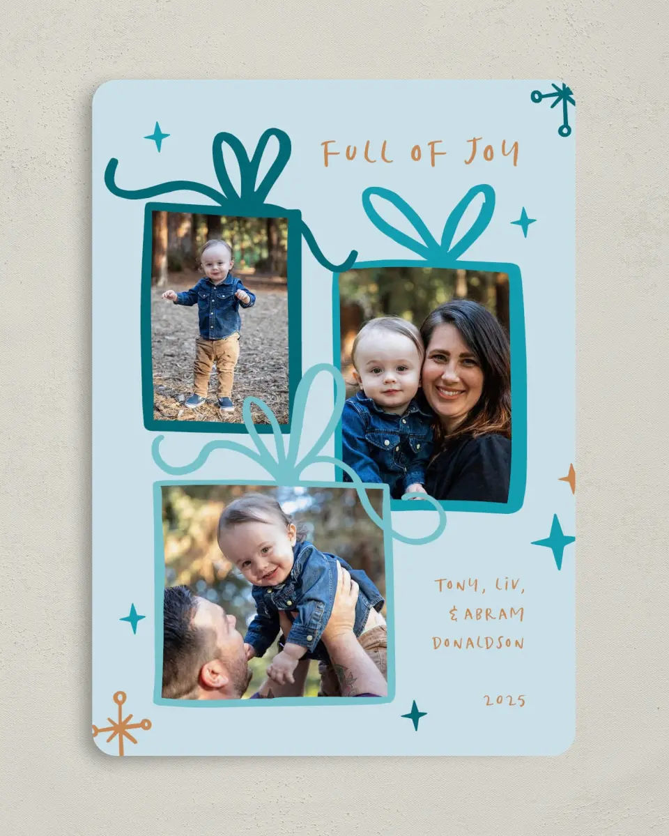 This is a 5" x 7" Christmas Card called Whimsical Gifts printed in full color with Gold foil on Soft Suede (coated) paper