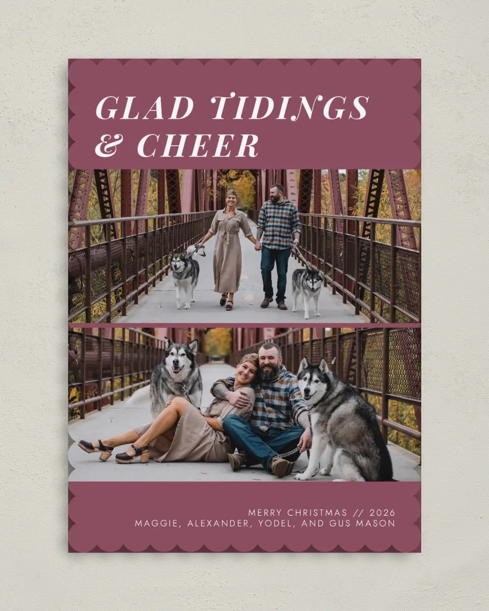 This is a 5" x 7" Christmas Card called Tidings of Cheer printed in full color on Premium Smooth paper on Premium Smooth paper on Premium Smooth paper