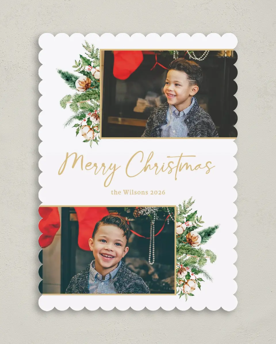 This is a 5" x 7" Christmas Card called Cotton & Cedar printed in full color on Premium Smooth paper on Premium Smooth paper on Premium Smooth paper
