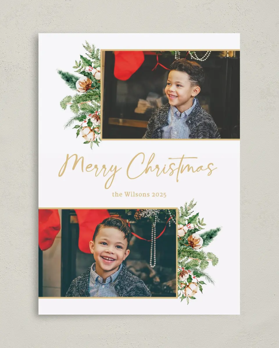 This is a 5" x 7" Christmas Card called Cotton & Cedar printed in full color on Premium Smooth paper