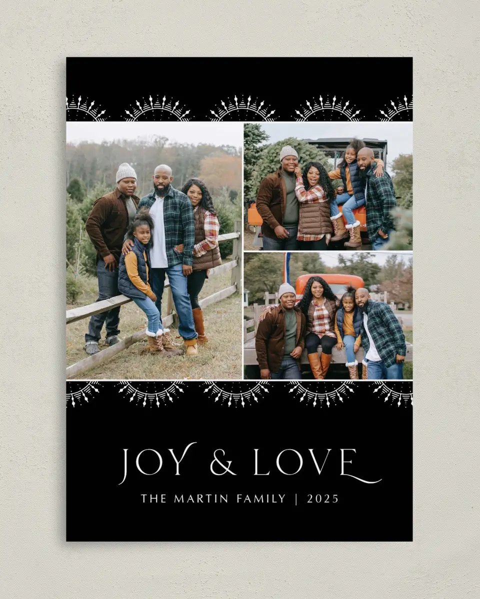 This is a 5" x 7" Christmas Card called Joy & Love printed in full color on Premium Smooth paper