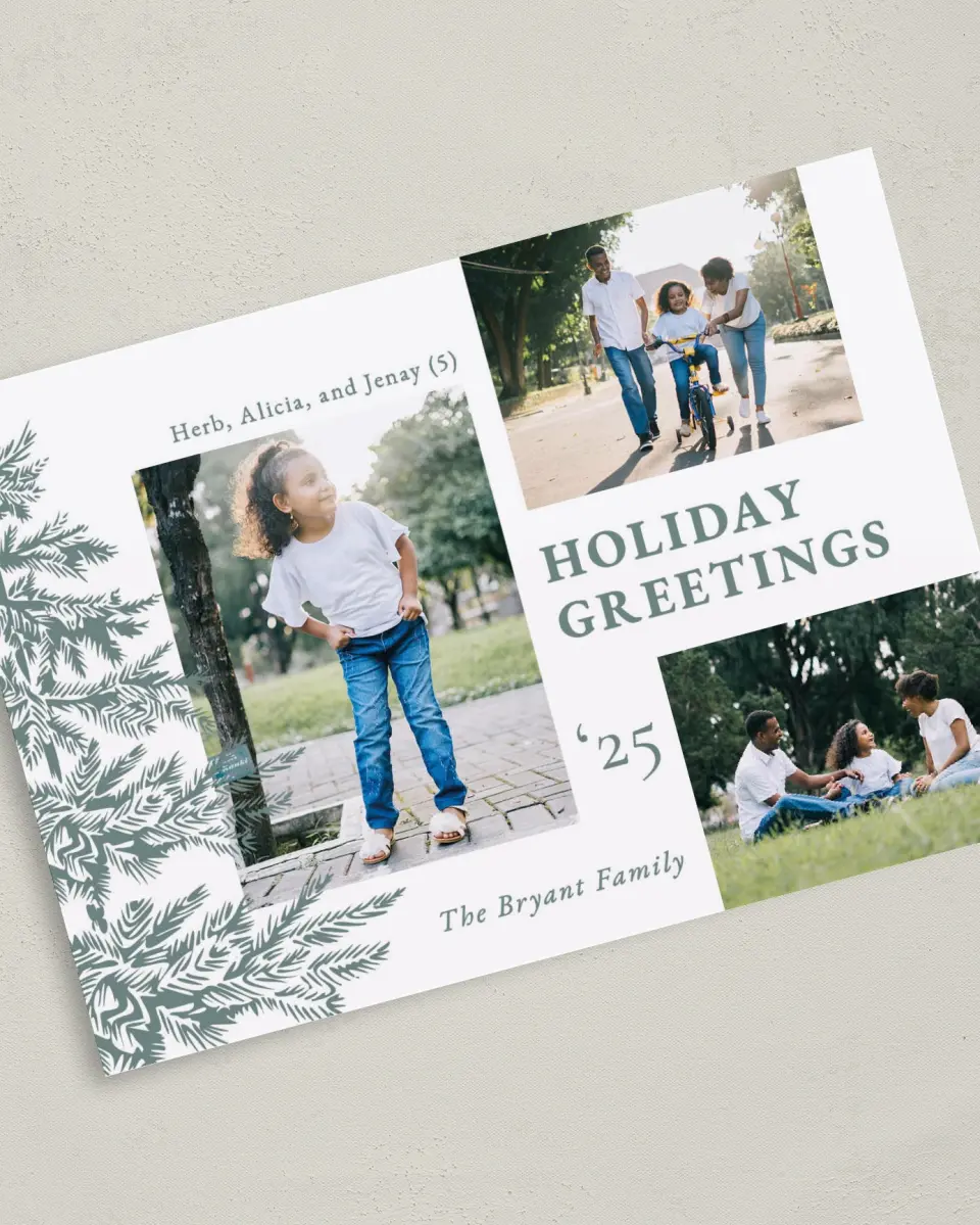This is a 5" x 7" Christmas Card called Wintry Wishes printed in full color with Silver foil on Soft Suede (coated) paper