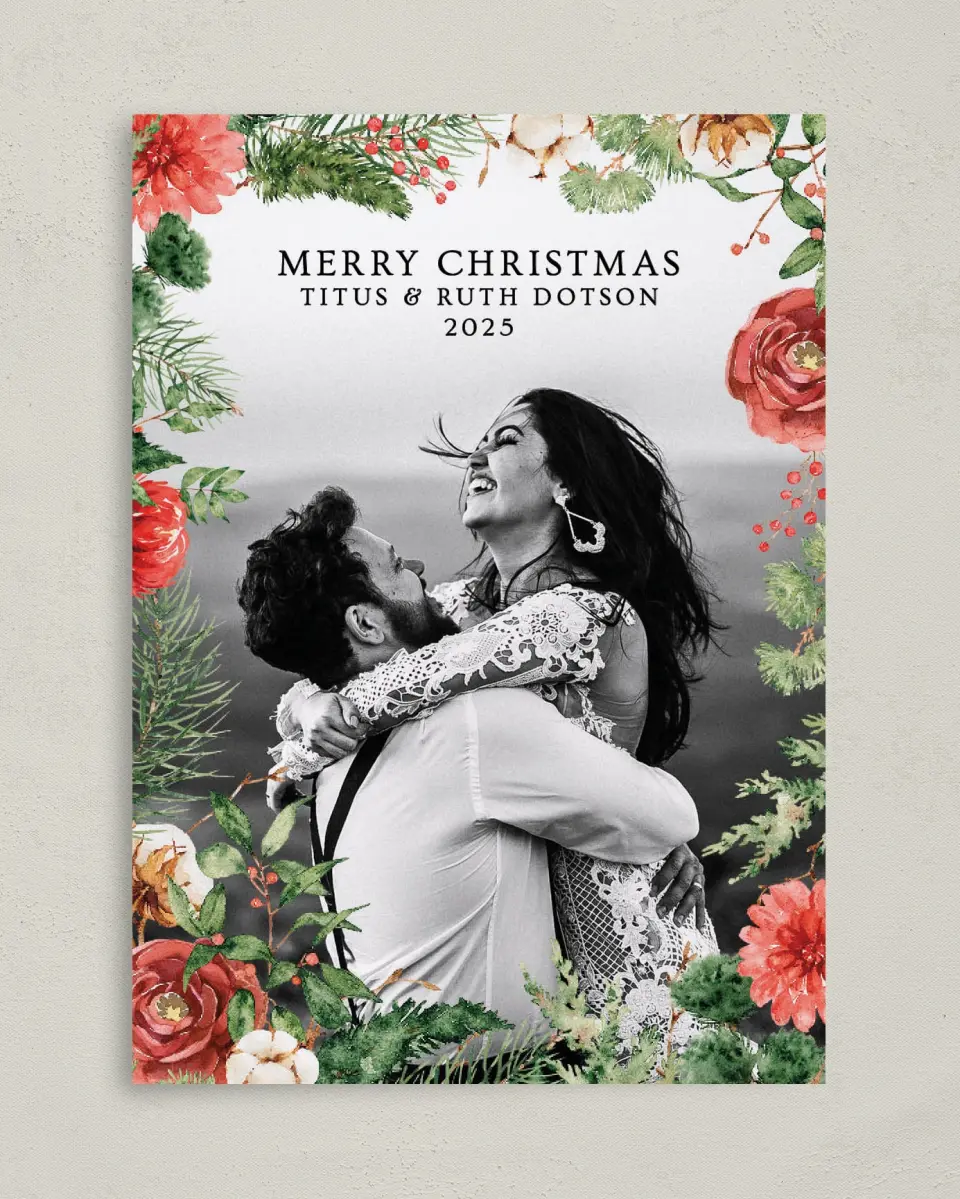 This is a 5" x 7" Christmas Card called In Full Bloom printed in full color on Premium Smooth paper