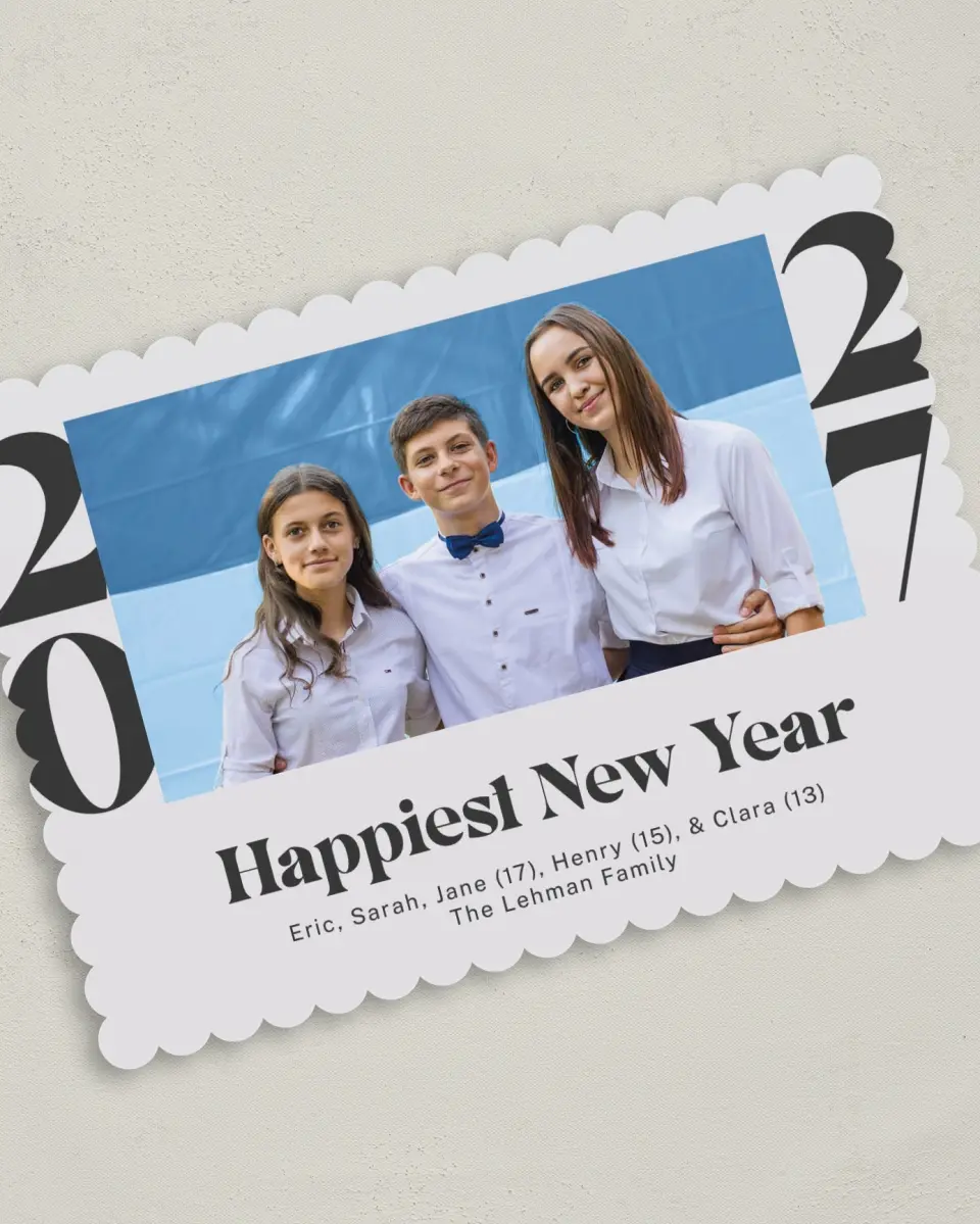 This is a 5" x 7" Christmas Card called Happiest New Year printed in full color on Premium Smooth paper on Premium Smooth paper on Premium Smooth paper