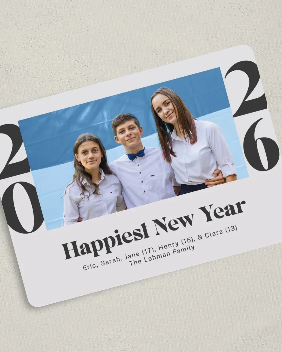This is a 5" x 7" Christmas Card called Happiest New Year printed in full color on Premium Smooth paper