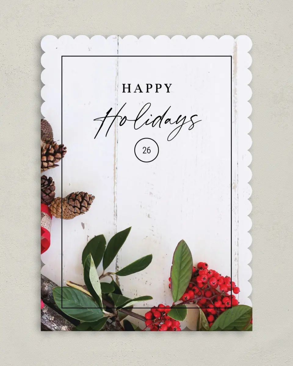 This is a 5" x 7" Christmas Card called Happy Holidays printed in full color on Premium Smooth paper on Premium Smooth paper on Premium Smooth paper